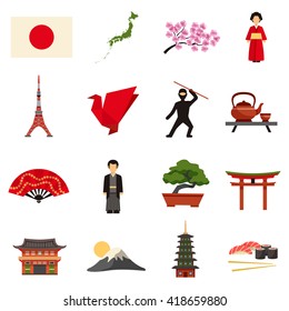 Japanese culture flat icons collection with sakura cherry blossom red lantern and bonsai abstract isolated vector illustration