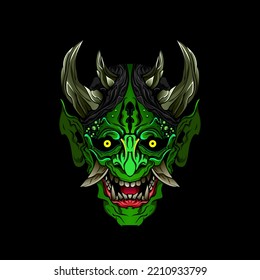 japanese Culture Green demon hanya mask or oni mask with hand draw style on white background. Ready for Print Apparel and tattoos