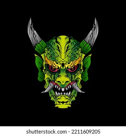 japanese Culture Green demon hanya mask or oni mask with hand draw style on white background. Ready for Print Apparel and tattoos