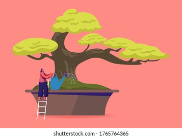 Japanese Culture, Horticulture, Olericulture Hobby Concept. Happy Girl Gardening at Home or Greenhouse Watering Bonsai Tree from Can. Woman Character Caring of Plant. Cartoon Vector Illustration