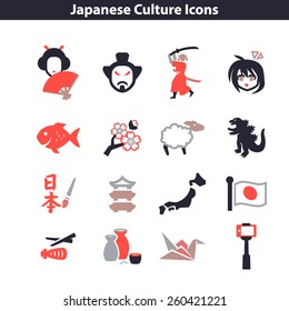 Japanese Culture Icon Set. Colorful National Signs and Landmarks