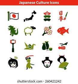 Japanese Culture Icon Set. Colorful National Signs and Landmarks
