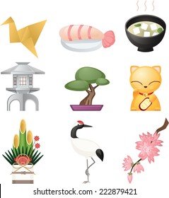 Japanese culture icon set, cultural elements like: origami, fish, sushi, luck cat, lucky cat, floral arrangement, noodles. Vector illustration cartoon. 