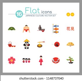 Japanese Culture Icon Set. Koi Fish Japanese Panda Bonsai Tree Japanese Tea Set Fan Koinobori Flag Ninja Noodles Japanese Hieroglyph Turtle Sumo Wrestler Yen Coin Sake Set