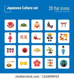 Japanese Culture Icon Set. Koi Fish Japanese Panda Bonsai Tree Japanese Tea Set Fan Koinobori Flag Ninja Noodles Japanese Hieroglyph Turtle Sumo Wrestler Yen Coin Sake Set