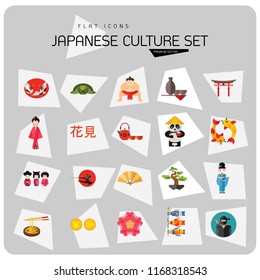 Japanese Culture Icon Set. Koi Fish Japanese Panda Bonsai Tree Japanese Tea Set Fan Koinobori Flag Ninja Noodles Japanese Hieroglyph Turtle Sumo Wrestler Yen Coin Sake Set