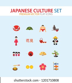 Japanese Culture Icon Set. Koi Fish Japanese Panda Bonsai Tree Japanese Tea Set Fan Koinobori Flag Ninja Noodles Japanese Hieroglyph Turtle Sumo Wrestler Yen Coin Sake Set