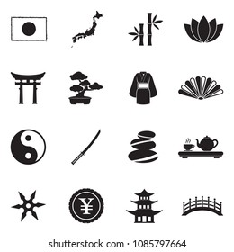 Japanese Culture Icons. Black Flat Design. Vector Illustration. 