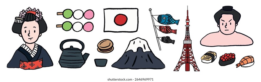 Ícones da cultura japonesa: gueixa, sumo, sushi, chá, Monte Fuji, bandeiras, Torre de Tóquio. Símbolos tradicionais japoneses, cultura e herança. Japão viagens ilustrações conjunto de vetores.