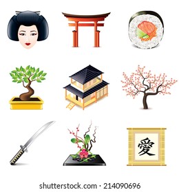 Japanese culture icons photo realistic vector set, hieroglyph means love