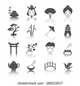 Japanese culture icons set of bonsai tree origami sushi and tea ceremony isolated vector illustration