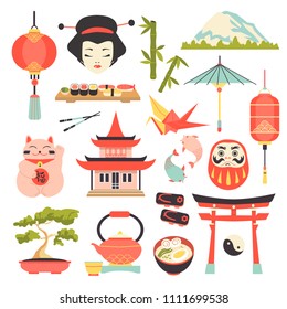 Japanese culture icons set. Esp10 vector.