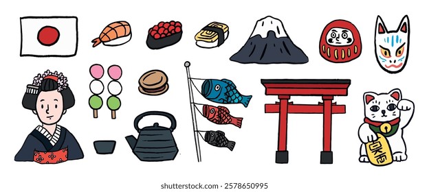 Japanese culture icons: sushi, geisha, Mount Fuji, torii gate, lucky cat, daruma doll, koi fish, tea set. Symbols of Japan, traditional and cultural elements. Japan travel illustrations vector set.