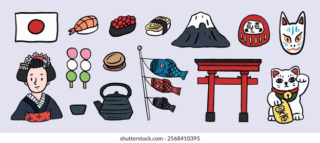 Japanese culture icons: sushi, Mount Fuji, Daruma, torii gate, tea set, geisha, and maneki-neko. Traditional Japanese symbols and motifs. Japan travel illustrations vector set.