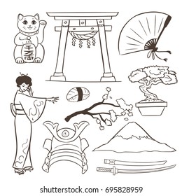 Japanese culture illustrations set. Hand drawn symbols. Eps10 vector.