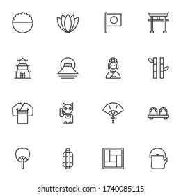 Japanese culture line icons set, outline vector symbol collection, linear style pictogram pack. Signs, logo illustration. Set includes icons as geisha kimono, sushi roll, torii gate, flag of Japan