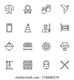 Japanese culture line icons set, outline vector symbol collection, linear style pictogram pack. Signs, logo illustration. Set includes icons as origami bird, ninja, spa stones, asian hat, lantern