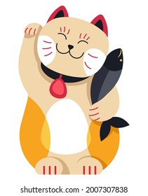 Japanese culture mascot or talisman bringing luck and wealth. Smiling waving cat with fish, maneki neko. Oriental traditions and beliefs. Statuette of kitty symbol of richness. Vector in flat style