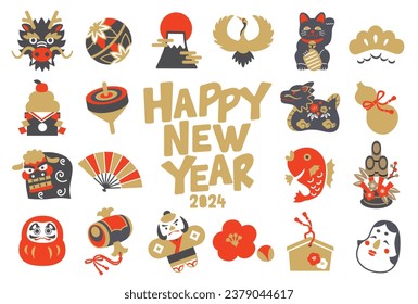 Cultura japonesa, material del icono de la tarjeta de Año Nuevo para el Año del Dragón