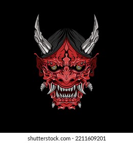 japanese Culture Red demon hanya mask or oni mask with hand draw style on white background. Ready for Print Apparel and tattoos