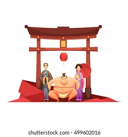 Japanese culture retro composition with pagoda sumo wrestler and in kimono dressed couple cartoon poster vector illustration