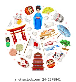 Japanese Culture Round Composition Design with Traditional Object Vector Template