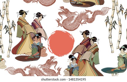 Japanese culture seamless pattern. Traditional Japan art. Red sun, bamboo forest, dragons and geisha woman. Ancient traditional style 