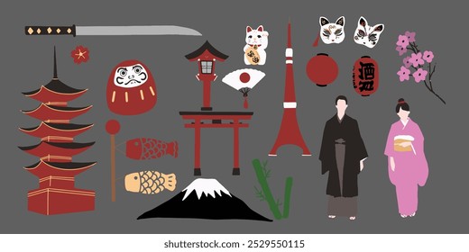 japanese culture set isolated background. eps 10