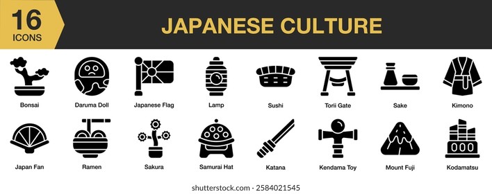 Japanese Culture solid icon set. Includes culture, japan, japanese, traditional, travel, and More. Solid icons vector collection.