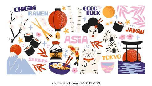 Adesivos da cultura japonesa definidos em estilo cartoon. Doodle sushi, gueixa, koi fish, sakura, ramen e gato de sorte. Divertimento retrô e ilustrações coloridas elementos asiáticos tradicionais