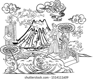 Japanese culture of symbol.Japan landscape elements symbol landmark realistic composition with rising sun,Fuji mountain,cherry blossom,geisha and samurai vector illustration.Chinese clouds and wave.
