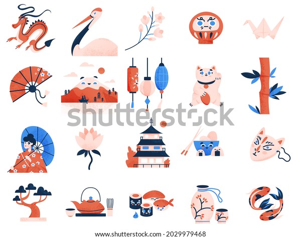 Japanese Culture Symbols Collection Asian Traditional Stock Vector ...