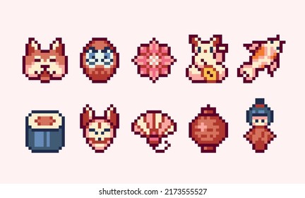 Japanese culture symbols pixel art set. Traditional Tokyo landmarks collection. Maneki neko, daruma, kokeshi dolls, sakura, koi 8 bit. Game development, mobile app.  Isolated vector illustration.