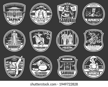 Japanese culture, tradition and national landmarks, vector Japan travel icons. Japanese traditional kimono and Buddhist temple, Kabuki theater and dragon festival, samurai and Yabusame festival symbol