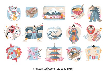 Japanese culture, tradition symbol and landmark set, travel to Japan vector illustration. Cartoon sakura flowers, geisha in kimono, samurai and sumo characters, sushi food and dragon isolated on white