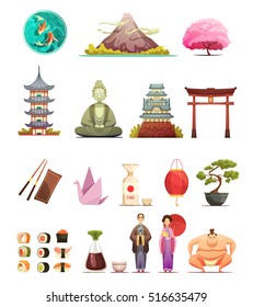 Japanese culture traditions cuisine retro cartoon icons collection with cherry blossom bonsai and sumo wrestler isolated vector illustrations 