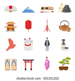 Japanese culture traditions  and national symbols flat icons collection with tea ceremony and kimono isolated vector illustration