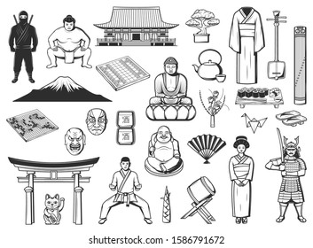 Japanese culture, travel and food sketches. Vector sushi, pagoda temple and lantern of Japan, Asian geisha, bonsai tree and origami, tea set, bamboo and paper fan, fuji mountain and torii gate