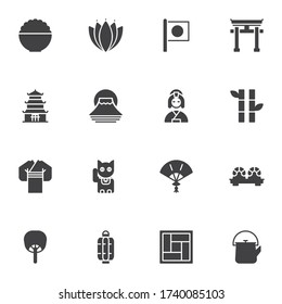 Japanese culture vector icons set, modern solid symbol collection, filled style pictogram pack. Signs, logo illustration. Set includes icons as geisha kimono, sushi roll, torii gate, flag of Japan