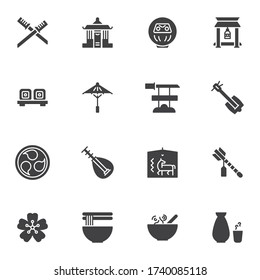 Japanese culture vector icons set, modern solid symbol collection, filled style pictogram pack. Signs, logo illustration. Set includes icons as samurai sword, umbrella, music instrument, noodle food