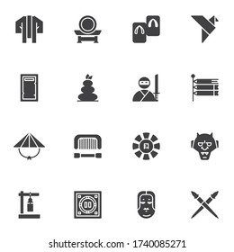 Japanese culture vector icons set, modern solid symbol collection, filled style pictogram pack. Signs, logo illustration. Set includes icons as origami bird, ninja, spa stones, asian hat, lantern