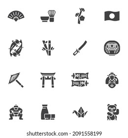 Japanische Kultur Vektorsymbole Set, moderne solide Symbolsammlung, gefülltes Piktogramm-Paket im Stil. Zeichen, Logo-Illustration. Set beinhaltet Symbole wie Flagge Japan, geisha Gesicht, Samurai-Messer, Sumo-Ringler