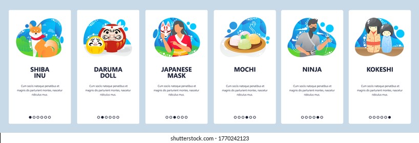 Japanese culture website and mobile app onboarding screens. Menu banner vector template for web site and application development. Japanese traditional Daruma and Kokeshi dolls, masks, shiba inu dog.