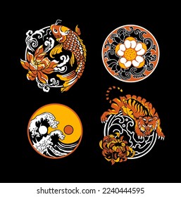 elementos de diseño cultual japonés. Ilustración vectorial dibujada a mano de tigre, peces koi, flor de cerezo y gran ola en señal de yin yang 