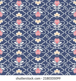 Japanese Curl Flower Mosaic Vector Seamless Pattern