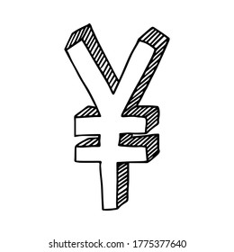 Japanese currency unit sign vector drawing isolated on white background. Volumetric figure drawn by hand. Eps 8.