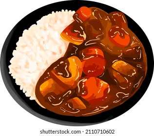 Japanese curry illustration vector. Japanese Food, Curry and Rice. Curry rice with meat, carrot and potato