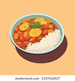 Japanese Curry rice in flat vector and isometric style