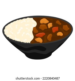 Arroz de curry japonés con fondo blanco. La comida japonesa en un bol con papas y zanahorias. Excelente para logotipos de ventas y afiches. Ilustración del vector