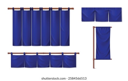 Japanese curtain collection - navy blue noren panels on mounting rods, traditional hanging fabric dividers, decorative textile strips. Oriental room partition elements for restaurant interior decor.